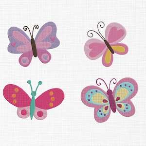 May include: Four embroidered butterfly designs in pink, purple, yellow, and blue. The butterflies have different patterns and details.