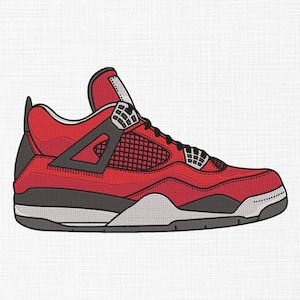 Può includere: Scarpa da ginnastica in pelle rossa e nera con un pannello in rete sul lato. La scarpa ha un'intersuola bianca e una suola esterna nera.