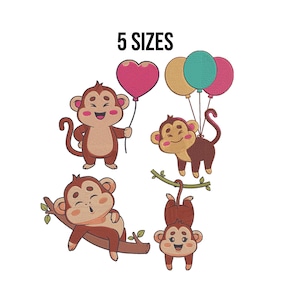 Bundle Of Monkey Embroidery, Funny Monkey Embroidery Files, Safari Animal Embroidery, Monkey with Heart Embroidery, Forest Animals, 5 Sizes