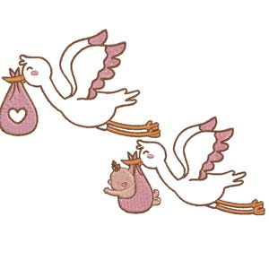 Flying Stork with Baby Machine Embroidery Design, Stork Embroidery Designs, Baby Stork Embroidery, New bourn Baby Embroidery, 6 Sizes