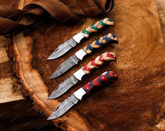 Handmade Damascus Folding Knife, Custom Engraved Pocket Tool, Camping Gear, Gift for Him