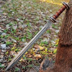 Könnte beinhalten: Ein silbernes Schwert mit einem Holzgriff und einem dekorativen Metallknauf. Das Schwert liegt auf dem Boden mit einem Baumstamm im Hintergrund.