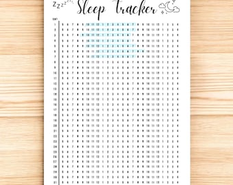 以下が含まれることがあります： 「Sleep tracker」というタイトルと、雲と月の装飾的なグラフィックが描かれた白い睡眠トラッカーチャート。チャートには、睡眠パターンを追跡するために設計された、日と時間を表す数字のグリッドがあります。