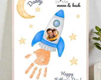 Manualidad imprimible con huellas de manos para el Día del Padre, recuerdo fotográfico de papá con huellas de manos, manualidades para el Día del Padre, regalo de los niños para el Día del Padre, te quiero hasta la luna.