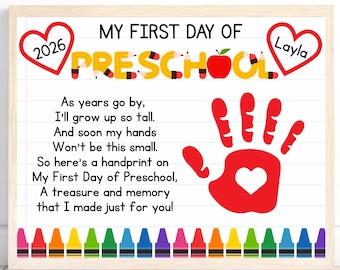 EDITABLE First Day of Preschool Poem Handprint Craft, Kindergarten Preschool PreK Handprint Art Activity, Kids Handprint First Day of School