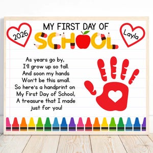 Poema editable para el primer día de clases: manualidad con huella de mano, actividad artística con huella de mano para preescolar y jardín de infantes, poema para el primer día de clases con huella de mano para niños