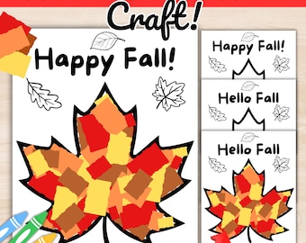 May include: A craft project featuring a large leaf shape filled with torn paper in fall colors. The words "Happy Fall!" are displayed. Additional options include "Happy Fall!" and "Hello Fall" designs. Crayons are visible.