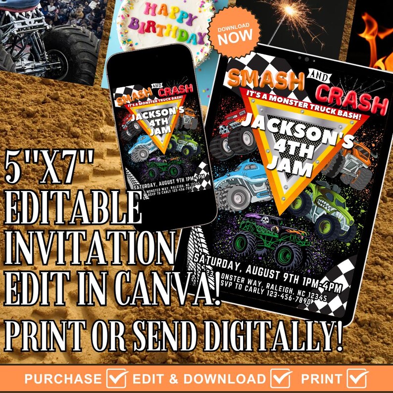 Puede incluir: Una invitaci&oacute;n digital para una fiesta de cumplea&ntilde;os con tem&aacute;tica de camiones monstruo. La invitaci&oacute;n mide 12.7cm x 17.8cm y presenta gr&aacute;ficos coloridos de camiones monstruo. El texto incluye "Smash and Crash" y "Jackson's 4th Jam".