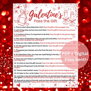 May include: A printable Galentine's Day game card with instructions for a gift exchange game. The card is red with white text and features a heart design with a champagne bottle and glasses.