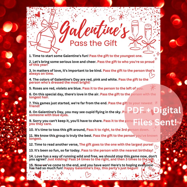May include: A printable Galentine's Day game card with instructions for a gift exchange game. The card is red with white text and features a heart design with a champagne bottle and glasses.