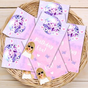 May include: Pink and purple thank you cards with a disco ball design and the text "Thank You" and "For being a part of my Birthday Era!"
