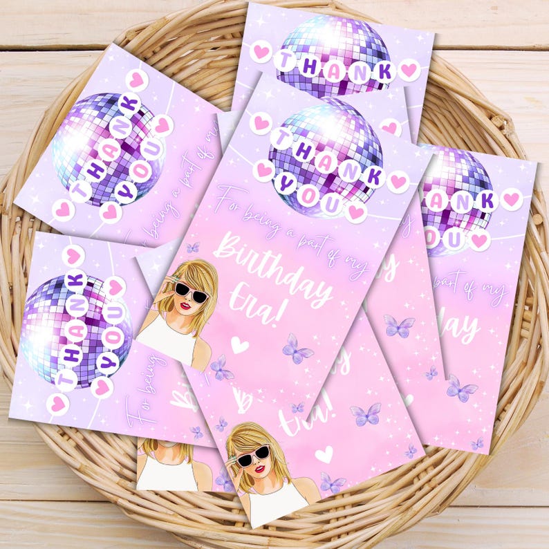 May include: Pink and purple thank you cards with a disco ball design and the text "Thank You" and "For being a part of my Birthday Era!"