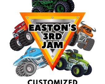 Puede incluir: Un gráfico colorido con varios monster trucks verdes, rojos, naranjas y azules. Un emblema triangular con el texto "EASTON'S 3RD JAM" y las palabras "CUSTOMIZED DIGITAL DOWNLOAD" está en el centro.