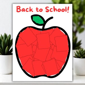 May include: A white print featuring a red apple shape filled with red squares, outlined in black, with a green leaf and stem. The words "Back to School!" are written in red at the top.