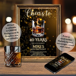 Pode incluir: Um convite digital dourado e preto com um copo de u&iacute;sque e o texto "Cheers to 40 Years, Join us to celebrate Mike's 40th Birthday, Saturday, July 25th at 6pm, 123 Whiskey Way, New York, NY 12345, RSVP to Kate 123-456-7890".