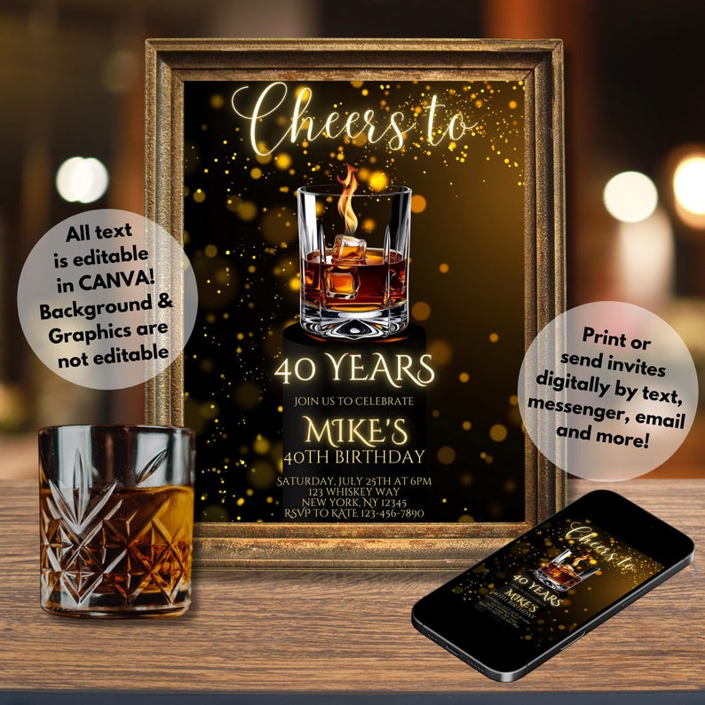 Pode incluir: Um convite digital dourado e preto com um copo de u&iacute;sque e o texto "Cheers to 40 Years, Join us to celebrate Mike's 40th Birthday, Saturday, July 25th at 6pm, 123 Whiskey Way, New York, NY 12345, RSVP to Kate 123-456-7890".