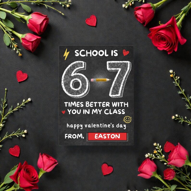 May include: A Valentine's Day card with the message "School is 6-7 times better with you in my class." The card has a chalkboard design with red hearts, roses, and the name "Easton."