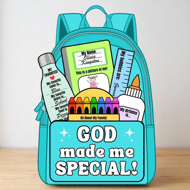May include: A bright turquoise backpack featuring the text "GOD made me SPECIAL!" on the front pocket. Inside are school supplies including a water bottle, a notebook labeled "My Name: Olivia Kingston", a ruler, a glue bottle, and colorful crayons.