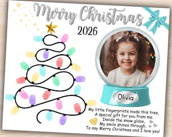 May include: A personalized Christmas print featuring the text Merry Christmas 2026, a hand-drawn black line Christmas tree decorated with colorful fingerprint lights, a gold star, and a snow globe containing a photo of a child named Olivia.