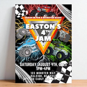 May include: A colorful invitation for a monster truck-themed birthday party. The design features illustrations of monster trucks, lightning bolts, and the text "EASTON'S 4TH JAM". The party details include the date, time, and location.