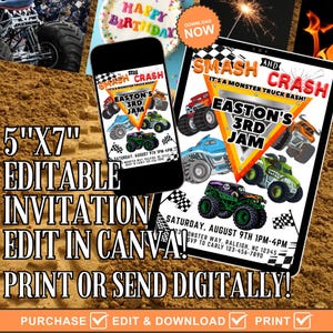 May include: A 5" x 7" editable invitation for a monster truck event, with illustrations of monster trucks. The invitation includes the text "Smash and Crash" and "Easton's 3rd Jam". It can be edited in Canva and printed or sent digitally.