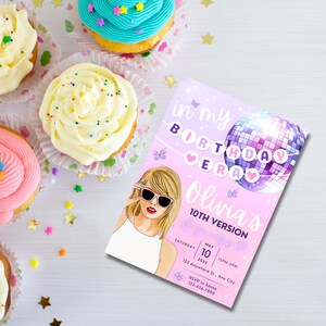 May include: A pink and purple birthday invitation with a disco ball and a cartoon illustration of a girl wearing sunglasses. The text on the invitation reads "in my birthday era Olivia's 10th Version".