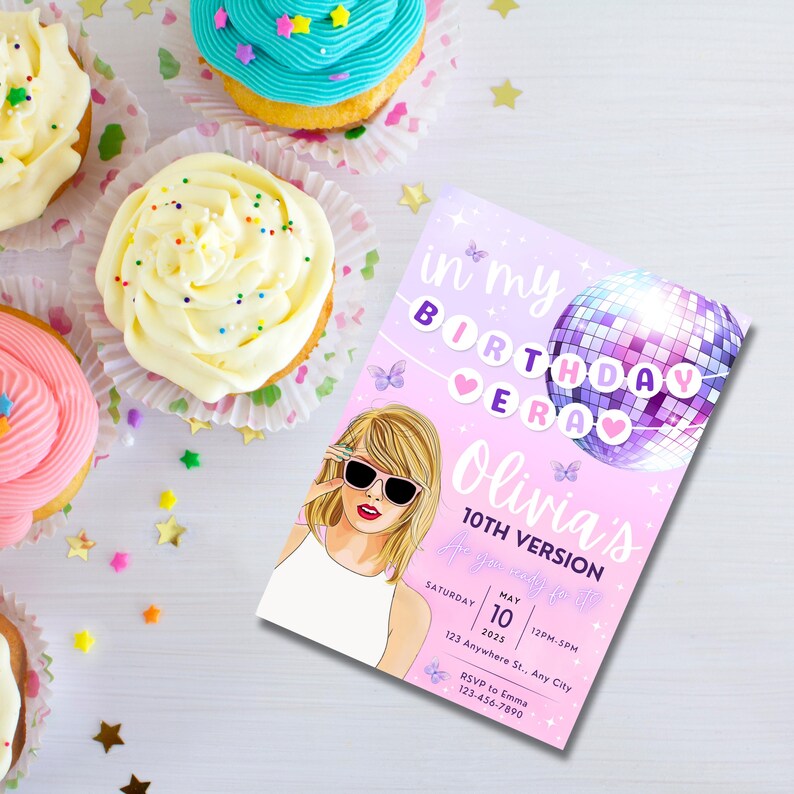 May include: A pink and purple birthday invitation with a disco ball and a cartoon illustration of a girl wearing sunglasses. The text on the invitation reads "in my birthday era Olivia's 10th Version".