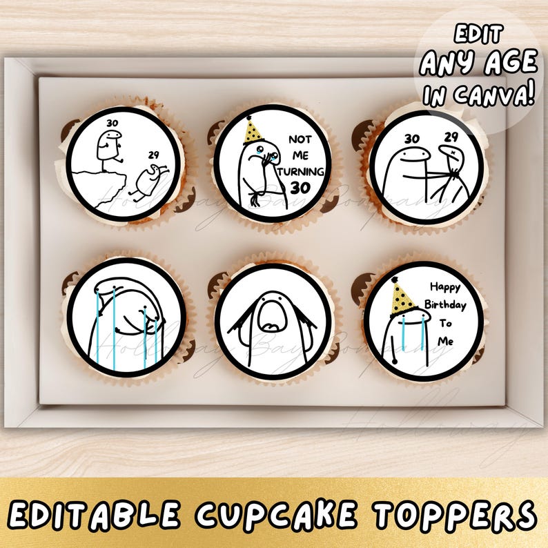 May include: A box of six cupcakes with black and white cartoon designs. The cupcakes have various phrases and numbers, including "30", "29", "Not Me Turning 30", and "Happy Birthday To Me". The text "Edit Any Age In Canva!" is also visible.