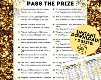 Może przedstawiać: Złoto-biała gra sylwestrowa, "Pass the Prize", z instrukcjami i świątecznym designem. Zawiera plik PDF do pobrania w dwóch rozmiarach. Gra zawiera uroczysty tekst i kieliszki do szampana.