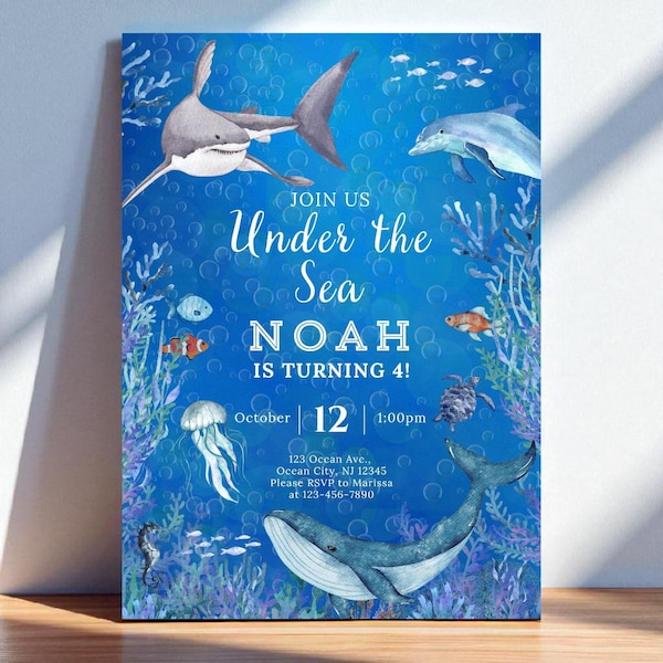 Under the Sea Birthday Invitation, Under the Sea Invite, Ocean Animals Birthday Invite, Boys Birthday Invite, Sea Birthday, Ocean