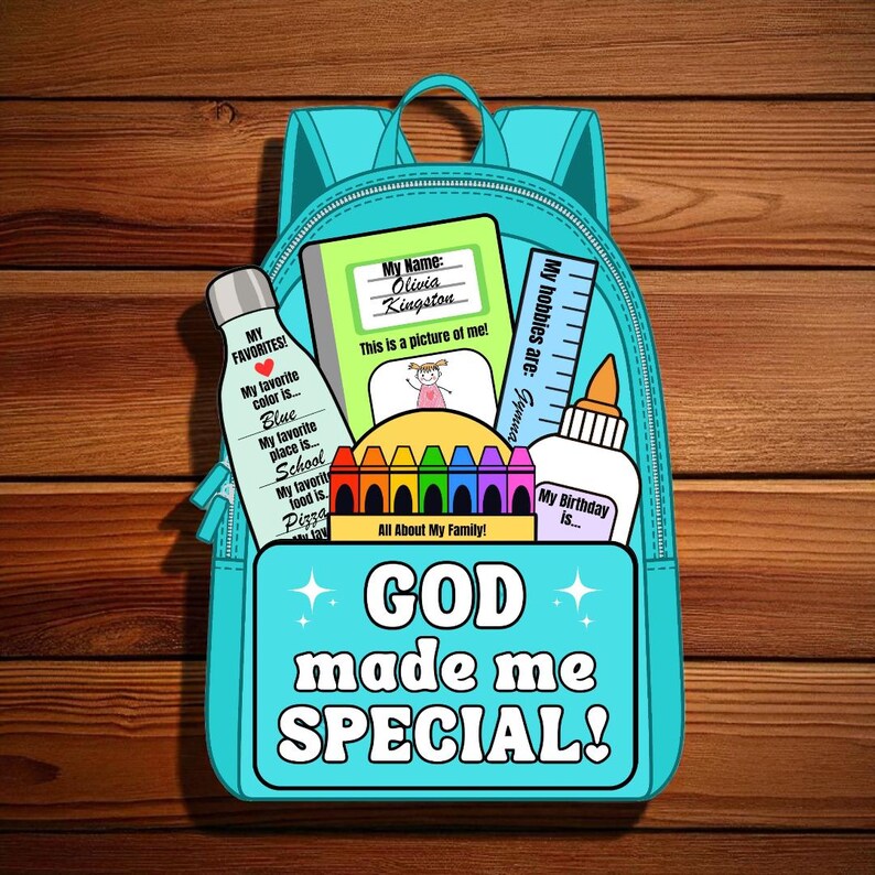 May include: A bright turquoise backpack featuring the text "GOD made me SPECIAL!" on the front pocket. Inside are school supplies including a notebook labeled "Olivia Kingston," a ruler, a glue bottle, and a box of colorful crayons.
