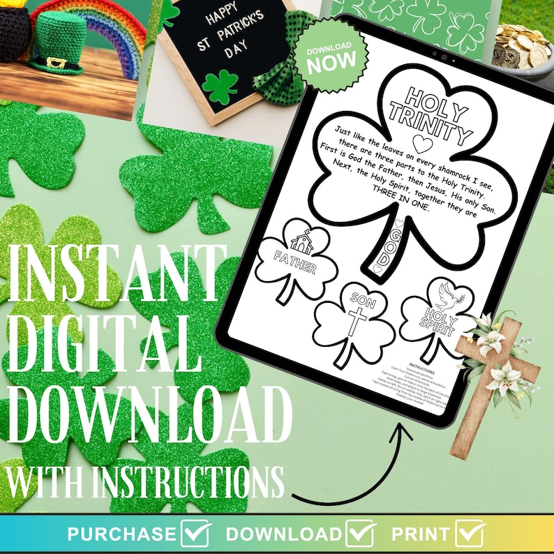 May include: Printable coloring page featuring a shamrock with the words "Holy Trinity" and "God, Father, Son, Holy Spirit" inside each leaf. The page also includes the text "Just like the leaves on every shamrock I see, there are three parts to the Holy Trinity. First is God the Father, then Jesus, His only Son. Next, the Holy Spirit, together they are THREE IN ONE."