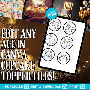 May include: A digital tablet displays black and white cartoon cupcake toppers with birthday themes. The image includes text that says "Edit Any Age in Canva Cupcake Topper Files!" and "Happy Birthday To Me."