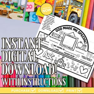 May include: A digital download printable with instructions. The design features the text "GOD MADE ME SPECIAL!" and prompts for personal information, including favourite colour, food, and aspirations. The image is surrounded by colourful pencils.