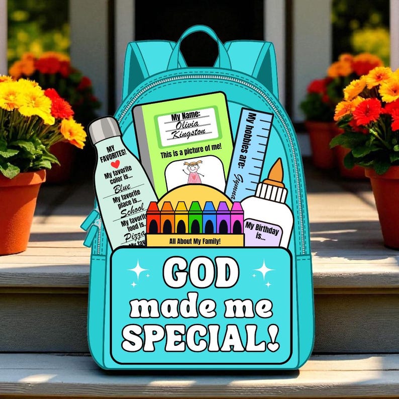 May include: A turquoise backpack with the text "GOD made me SPECIAL!" on the front. The backpack contains school supplies, including a notebook, ruler, glue, and a bottle with the text "MY FAVORITES!" and "Blue" and "Pizza".