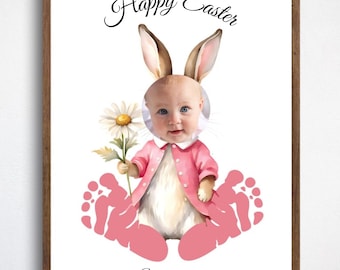 Easter Bunny Footprint Art, Easter Printable, Footprint Craft, Easter Photo Craft, Keepsake Handprint Art, Kids Toddlers Baby First Activity