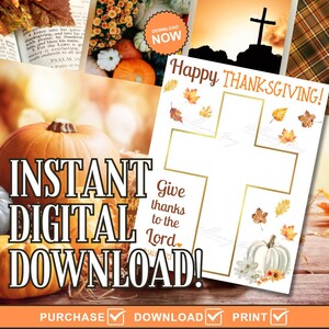 Puede incluir: Descarga digital con tem&aacute;tica de Acci&oacute;n de Gracias con calabazas, hojas de oto&ntilde;o y un dise&ntilde;o de cruz. La imagen incluye el texto "&iexcl;Descarga digital instant&aacute;nea!" y "Da gracias al Se&ntilde;or."