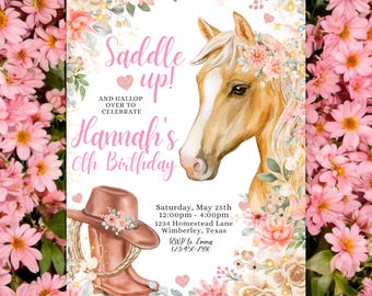 Horse Invitation, Cowgirl Birthday, Horse Birthday, Horse Party Invite, Cowgirl Party, Pink Floral Birthday Invitation, Editable Invitation