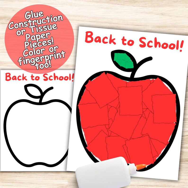 May include: Two "Back to School!" apple-shaped craft templates. One is a black outline, the other is filled with red paper squares. A red circle with text and a glue bottle are also present.