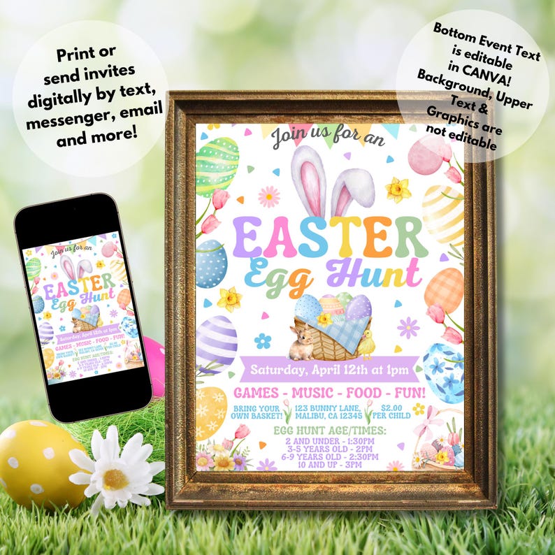 May include: A colorful invitation for an Easter egg hunt. The invitation features a bunny rabbit with pink ears, pastel colored eggs, and flowers. The text reads "Join us for an Easter Egg Hunt" and includes the date, time, location, and age groups for the event.