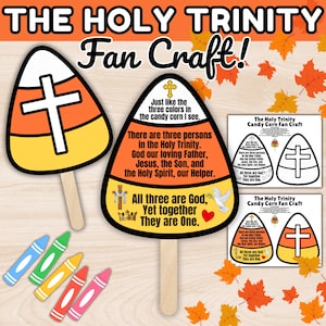 May include: Candy corn-shaped fan craft with a cross design and the text "THE HOLY TRINITY Fan Craft!". The fan has orange, yellow, and white sections. Includes crayons and additional fan templates. Perfect for religious crafts.