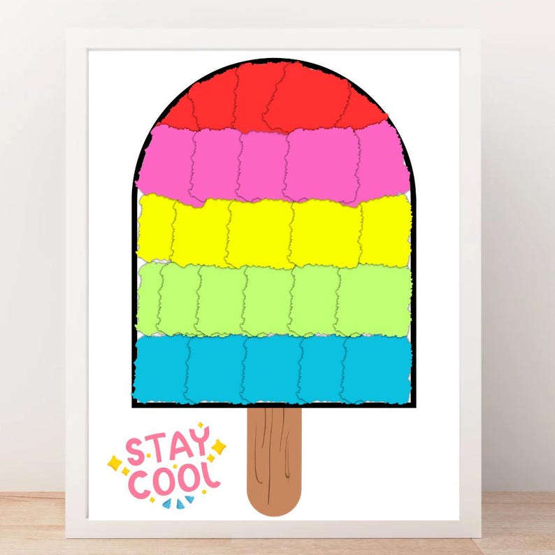 May include: A framed print featuring a colorful popsicle design. The popsicle has layers of red, pink, yellow, green, and blue. The words "STAY COOL" are written in a playful font at the bottom, with a wooden stick.