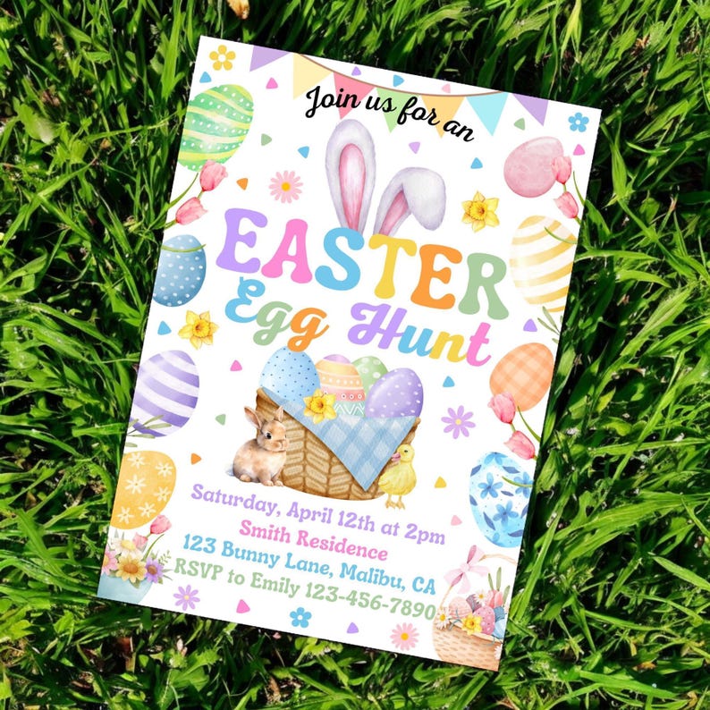 May include: An Easter egg hunt invitation with a colorful watercolor illustration of a basket filled with eggs, a bunny, and a chick. The text reads "Join us for an Easter Egg Hunt" and includes the date, time, location, and RSVP information.