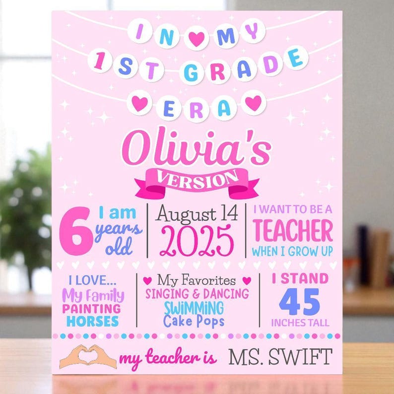 May include: A pink 1st Grade sign with the text "In My 1st Grade Era Olivia's Version." It includes details like age, birthday, favourite things, and height (114 cm). The teacher's name is Ms. Swift.