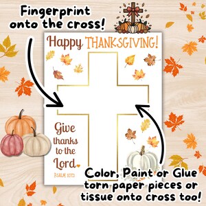 Puede incluir: Proyecto de manualidades con tem&aacute;tica de Acci&oacute;n de Gracias con un contorno de cruz, el texto "Happy Thanksgiving!" y "Give thanks to the Lord." Incluye calabazas, hojas e instrucciones para colorear, pintar o pegar en la cruz.