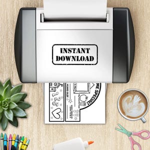 May include: A printer printing a black and white printable sheet with the text "INSTANT DOWNLOAD". The sheet has fill-in-the-blank sections with the text "ME SPECIAL!", "YEARS OLD!", and "WHEN I GROW UP, I WANT TO BE A".