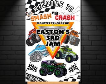 Puede incluir: Un póster blanco sobre un caballete con el texto "WELCOME TO THE SMASH AND CRASH MONSTER TRUCK BASH! EASTON'S 3RD JAM." El póster presenta ilustraciones de monster trucks de varios colores, con banderas a cuadros y huellas de neumáticos.