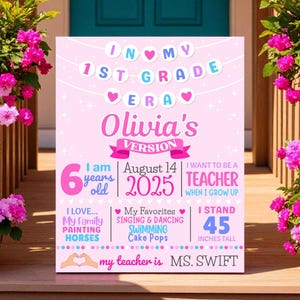 May include: Pink 1st Grade sign with the text "Olivia's Version." It includes the text "I am 6 years old," "August 14, 2025," and "I want to be a teacher." The sign is 114 cm tall.