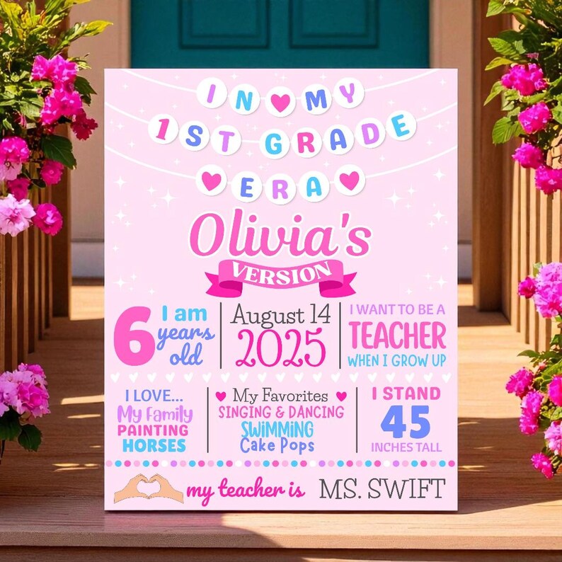 May include: Pink 1st Grade sign with the text "Olivia's Version." It includes the text "I am 6 years old," "August 14, 2025," and "I want to be a teacher." The sign is 114 cm tall.