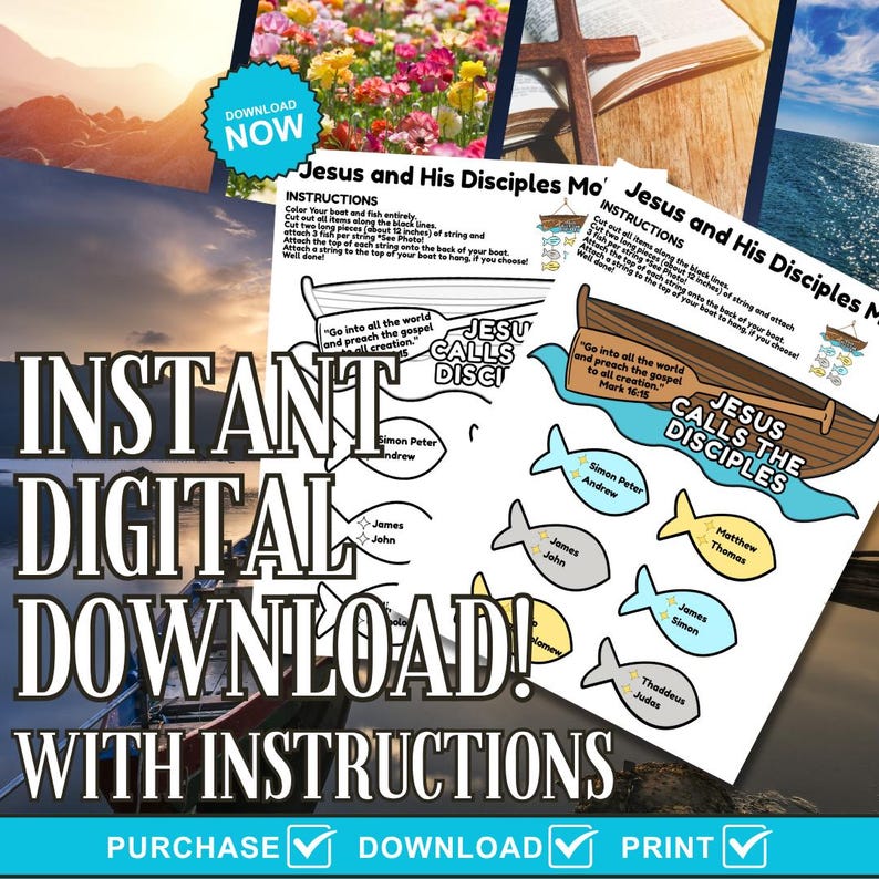 May include: Instant digital download with instructions. The image features a printable craft with a boat and fish, labeled with the names of Jesus' disciples. The text includes "Jesus Calls the Disciples" and instructions for assembly. The download button is visible.